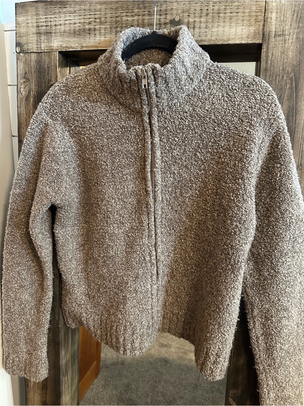 Jones New York Sport Bouclé Zip Front Jacket Women’s L Taupe Textured Teddy Cozy